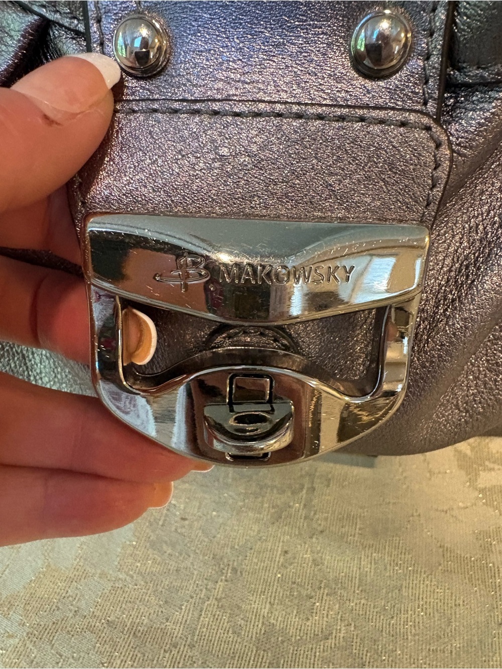 b. makowsky Metallic Pewter Leather Chain-Handle Shoulder Bag - Picture 3 of 15